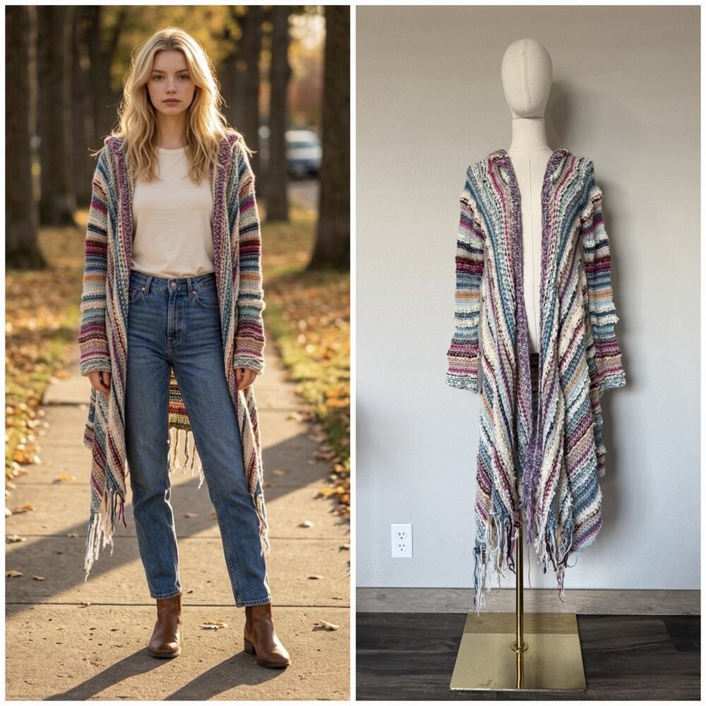 Free People L Multicolor Hooded Fringe Long Cardigan Fuzzy Wool Blend Boho VTG